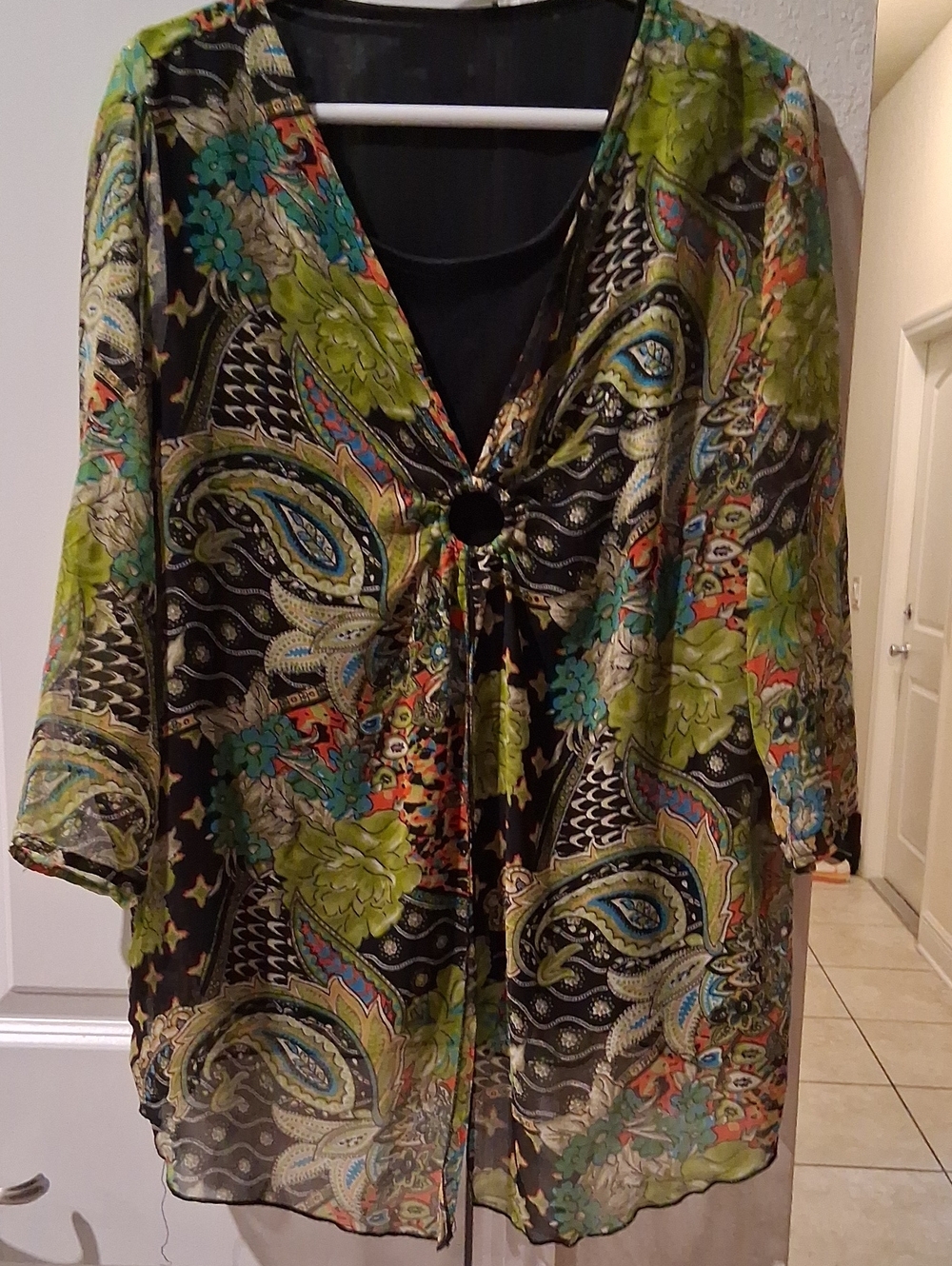 Signature Black Paisley Tie-Front Tunic with Green & Teal Accents